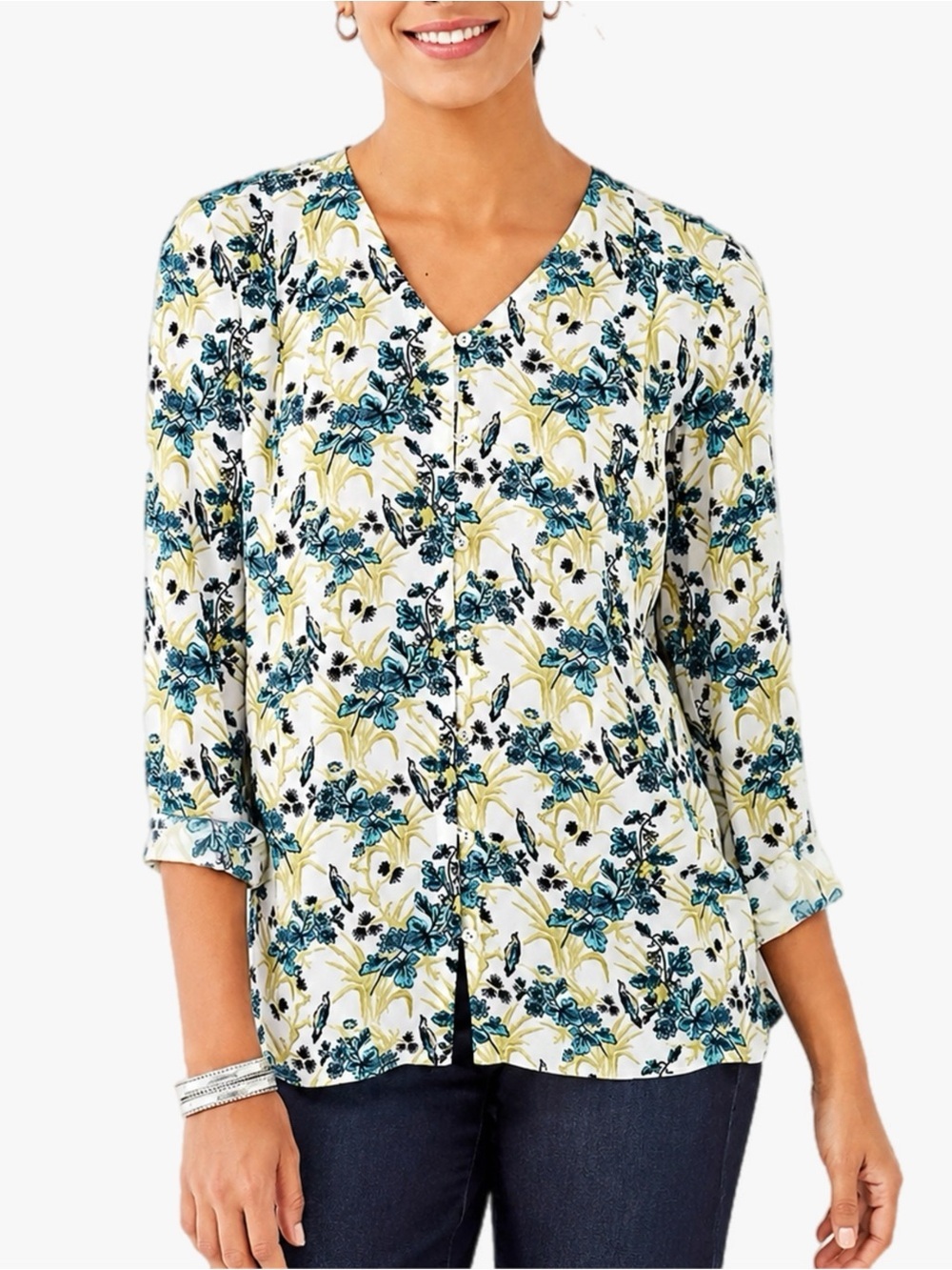 J. Jill Floral Button Front Blouse Top Plus Size 2X Blue Cream